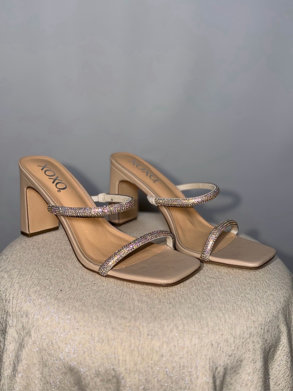 XOXO Women's Beige Rhinestone Strappy Block Heel Dress Sandals